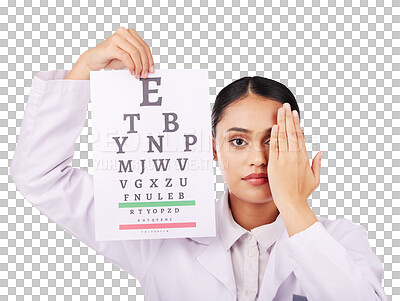 Portrait, poster and eye test with a woman optician in studio on a white background for vision or eyesight. Face, medical and a serious young doctor in a clinic or optometry office for a visual exam