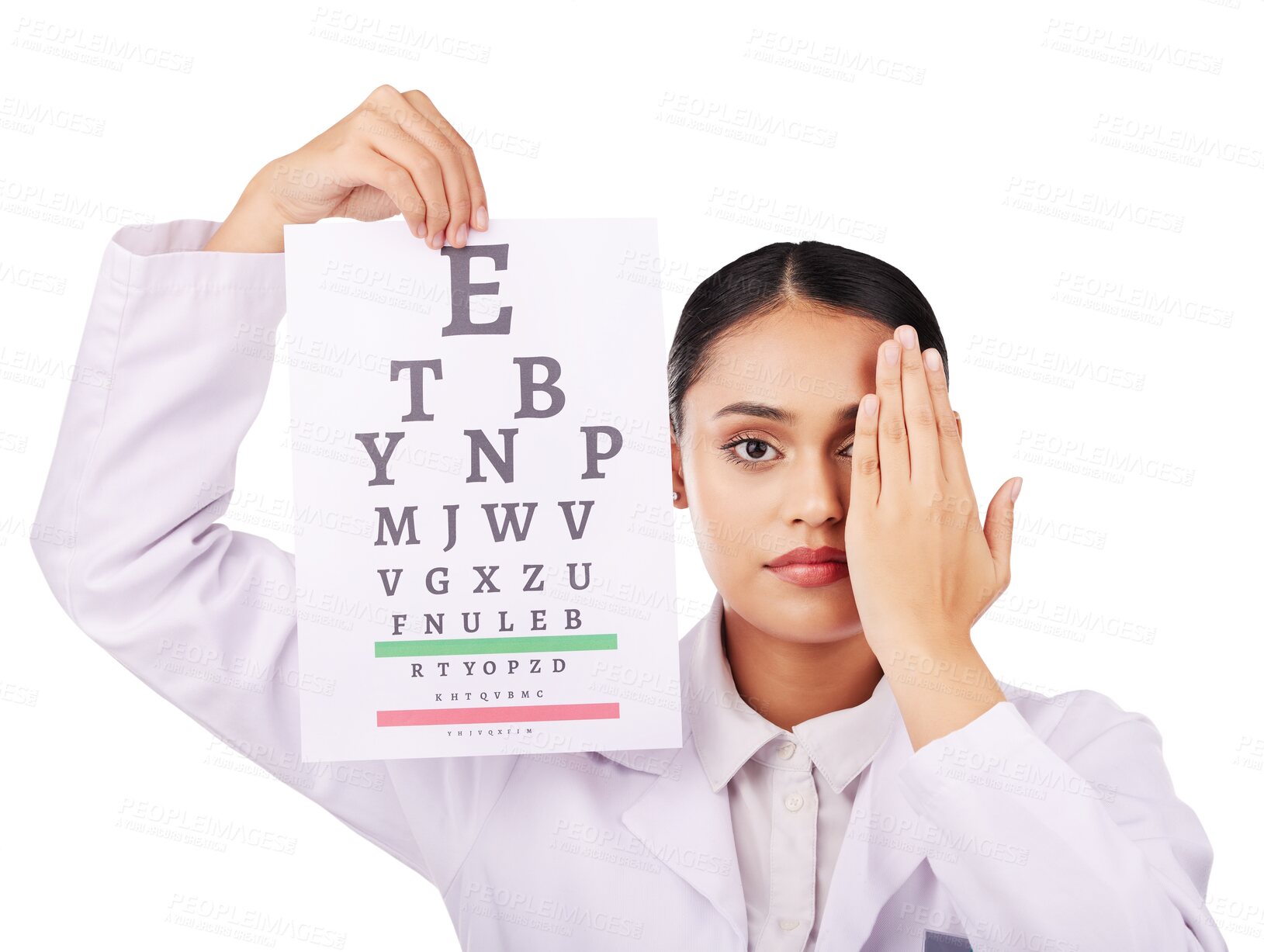 Buy stock photo Portrait, poster and eye test with a woman optician and isolated transparent png background. Vision, medical and a serious young doctor for eyesight, optometry office for a visual exam and healthcare