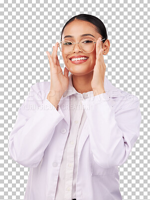 Buy stock photo Glasses, vision and portrait of woman for optometry on isolated, png and transparent background. Optician, ophthalmology and face of happy person with prescription lens, fashion frame and spectacles