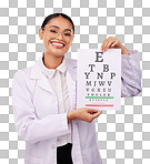 Eye exam, chart and letter, vision and woman in portrait, optometrist and health isolated on white background. Assessment, diagnosis and healthcare with optometry, glasses and doctor in a studio