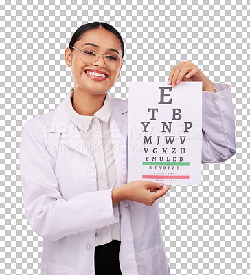 Eye exam, chart and letter, vision and woman in portrait, optometrist and health isolated on white background. Assessment, diagnosis and healthcare with optometry, glasses and doctor in a studio