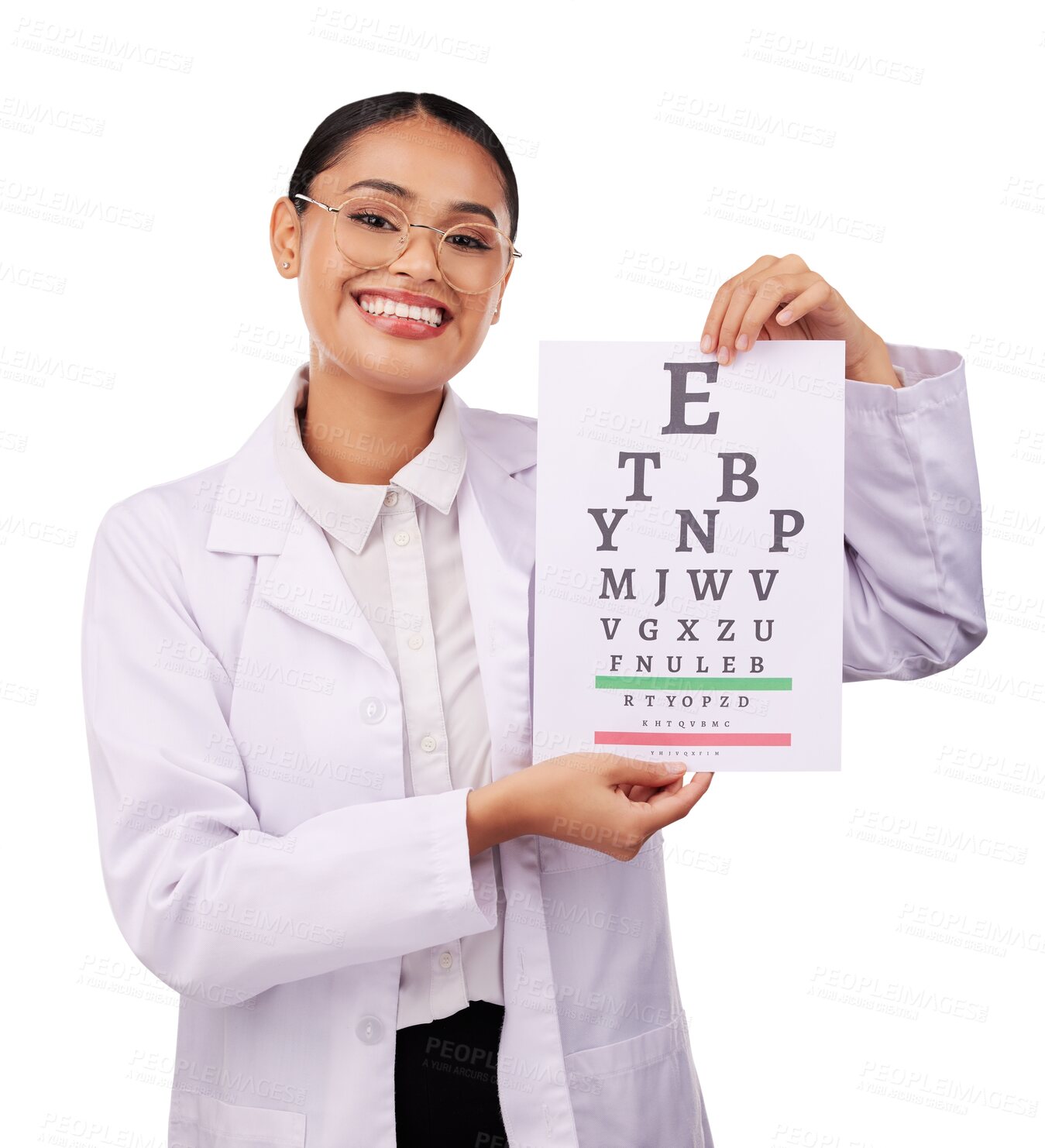 Buy stock photo Portrait, glasses and eye chart of woman, optometrist and isolated on transparent png background. Face, smile and ophthalmologist with snellen test for medical exam, vision text or eyesight of doctor