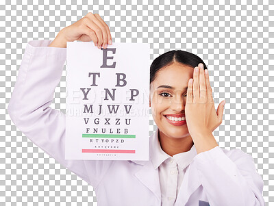 Portrait, smile and eye test with a woman optician in studio on a gray background for vision or eyesight. Face, medical and a happy young doctor in a clinic or optometry office for a visual exam