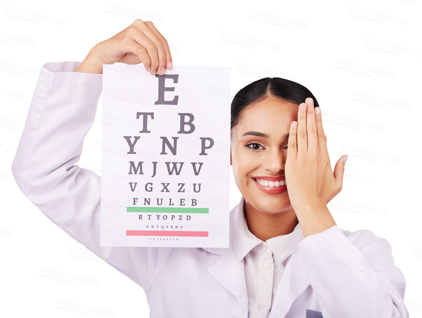 Buy stock photo Portrait, test and eye chart of woman, optometrist and isolated on transparent png background. Face, smile and ophthalmologist with snellen exam for medical vision, text or eyesight health of doctor