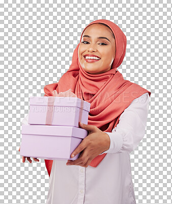 Buy stock photo Muslim woman, portrait and gift box for present, birthday and isolated on transparent png background. Female person, smile and giving prize for giveaway, celebration and surprise with ribbon parcel
