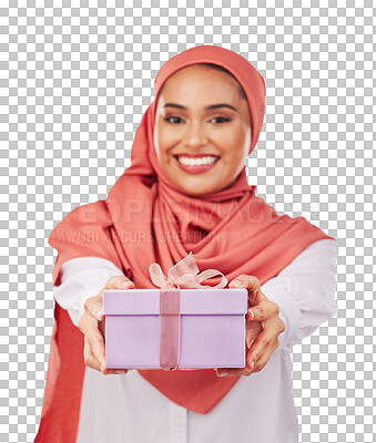 Woman, portrait and gift box, offer or prize for giveaway and shopping on a white background. Winner or muslim person in Saudi Arabia with present, ribbon package and winning or competition in studio