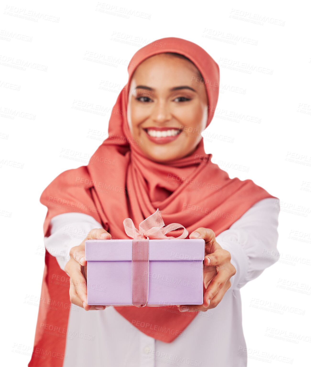 Buy stock photo Happy muslim woman, gift box and prize for present, offer or giveaway isolated on a transparent PNG background. Portrait of female person, islam or Saudi Arabia giving ribbon package for surprise