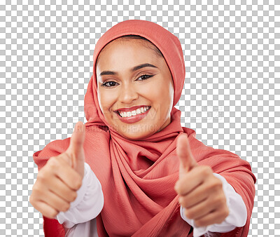 Buy stock photo Muslim woman, portrait and thumbs up with hijab for fashion approval isolated on a transparent PNG background. Happy female person, islam and scarf smile with like emoji, yes sign or OK for thank you