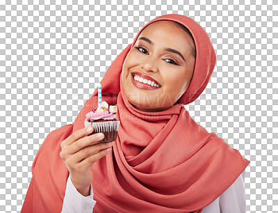 Portrait, candle in a cupcake and an islamic woman in studio on white background for dessert. Face, smile and food with a happy young muslim person eating a cake, candy or sugar snack in celebration