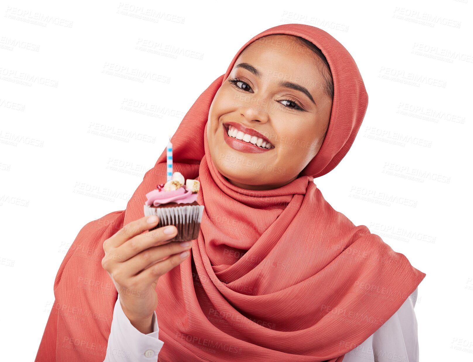 Buy stock photo Portrait, candle in a cupcake and Muslim woman at birthday party isolated on transparent png background. Face, smile and cake of Islamic person eating food, sweets and sugar dessert in celebration