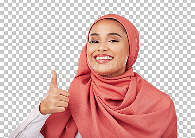 Buy stock photo Muslim woman, portrait and thumbs up with hijab in thank you isolated on a transparent PNG background. Happy female person, islam and scarf smile with like emoji, yes sign or OK for fashion approval