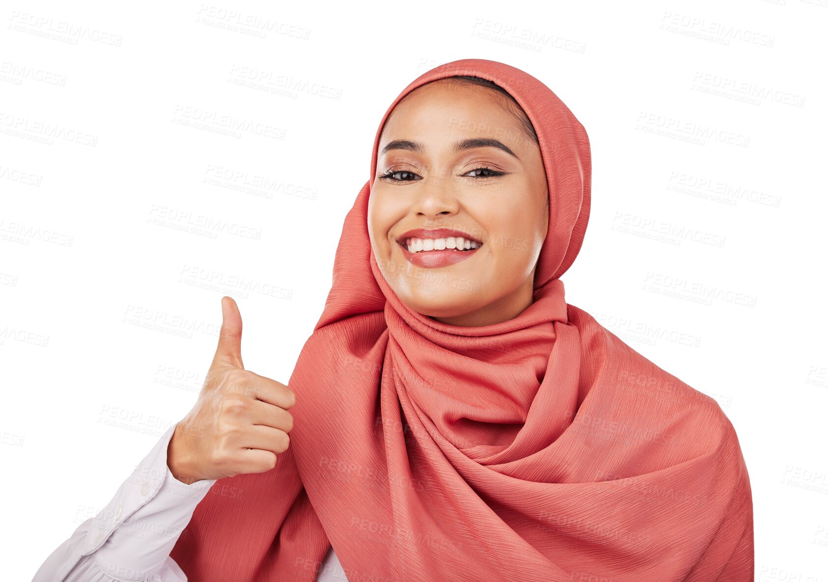 Buy stock photo Muslim woman, portrait and thumbs up with hijab in thank you isolated on a transparent PNG background. Happy female person, islam and scarf smile with like emoji, yes sign or OK for fashion approval