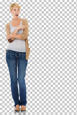 Buy stock photo Woman, shocked and pointing to information or presentation of mistake, bad gossip or fake news. Casual person or model with surprise and wow for announcement isolated on a transparent, PNG background