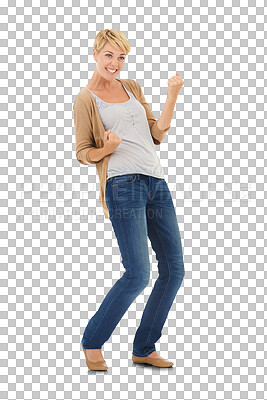 Buy stock photo Happy, fist pump and woman with celebration, winning and achievement isolated on transparent background. Person, competition and model with discount, cheering and bonus with giveaway, png and success