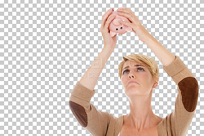 Buy stock photo Piggy bank, shake and woman with finance issue, confused and debt isolated on a transparent background. Person, girl and model with financial crisis, upset and unhappy with crash, economy and png