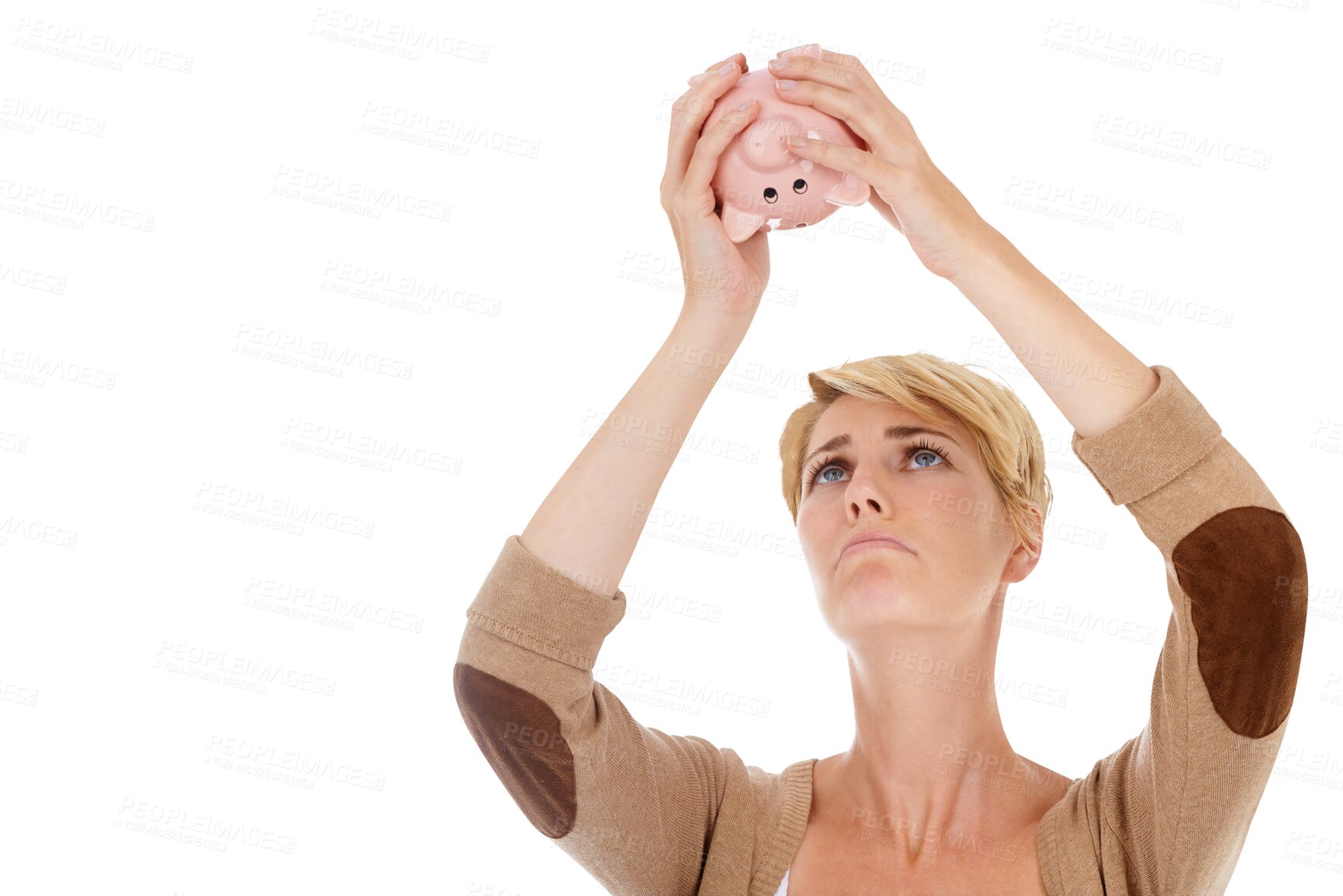 Buy stock photo Piggy bank, shake and woman with finance issue, confused and debt isolated on a transparent background. Person, girl and model with financial crisis, upset and unhappy with crash, economy and png