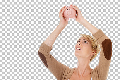 Buy stock photo Woman shake piggy bank for savings, finance and search coin, money or budget stress and worry. Confused person with empty container and bankruptcy risk or fail isolated on transparent, png background