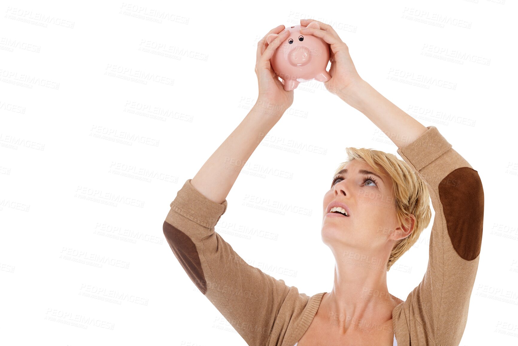 Buy stock photo Woman shake piggy bank for savings, finance and search coin, money or budget stress and worry. Confused person with empty container and bankruptcy risk or fail isolated on transparent, png background