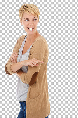 Buy stock photo Direction, pointing and woman with opportunity, happy and promotion isolated on transparent background. Person, girl and model with arms crossed, present and announcement with emoji, show and png