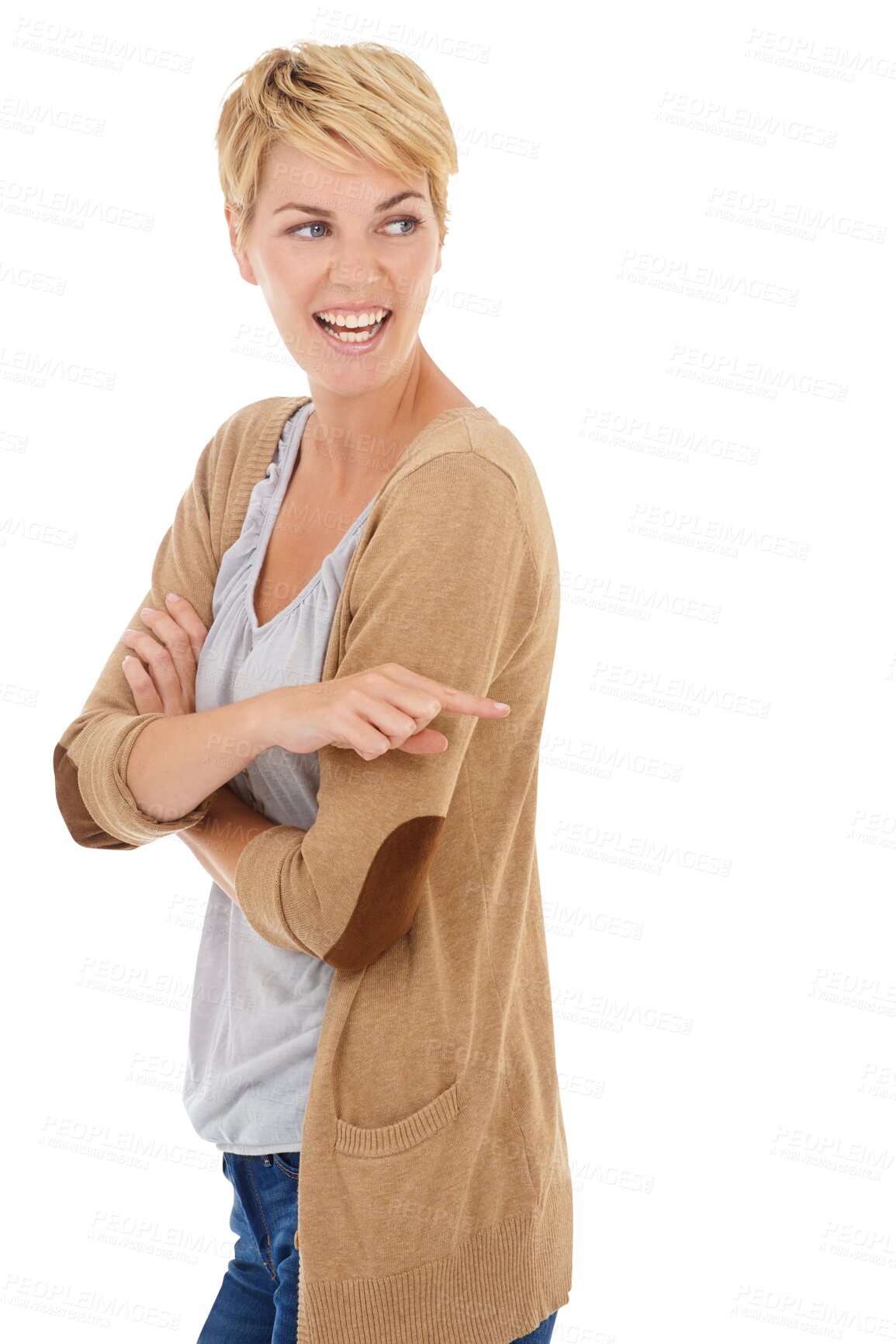 Buy stock photo Direction, pointing and woman with opportunity, happy and promotion isolated on transparent background. Person, girl and model with arms crossed, present and announcement with emoji, show and png