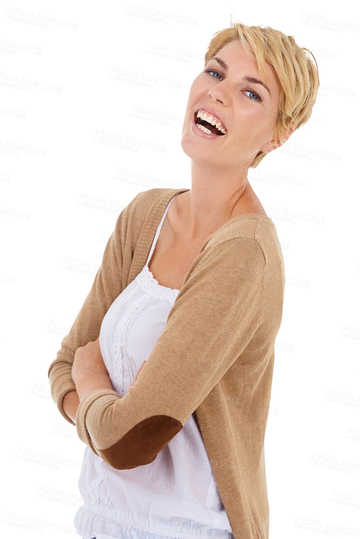 Buy stock photo Woman, arms crossed and laughing with funny portrait, confident and fashion designer career. California, person and happy face in creative agency, relax and isolated on transparent png background 