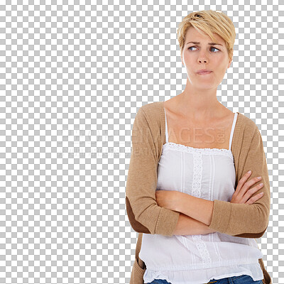 Buy stock photo Thinking, solution and woman with arms crossed, problem solving or planning isolated on transparent background. Person, girl or model with opportunity, choice or decision with png, questions or doubt