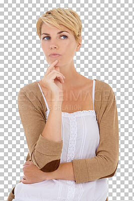 Buy stock photo Person, finger or thinking of idea, future or vision inspiration on isolated, transparent or png background. Model, woman or planning decision in fashion style choice, trendy or cool clothes solution