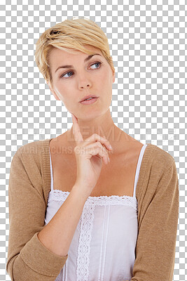 Buy stock photo Brainstorming, ideas and woman planning, thinking and problem solving solution, choice or decision. Doubt, thought and wondering person question why isolated on transparent, png background