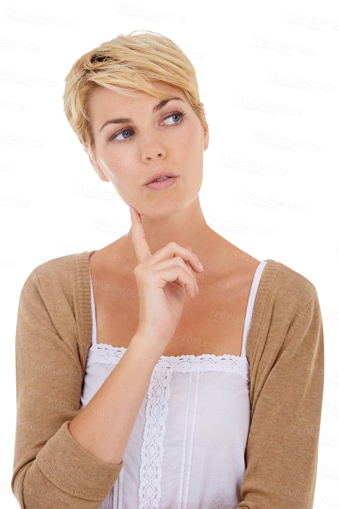 Buy stock photo Brainstorming, ideas and woman planning, thinking and problem solving solution, choice or decision. Doubt, thought and wondering person question why isolated on transparent, png background