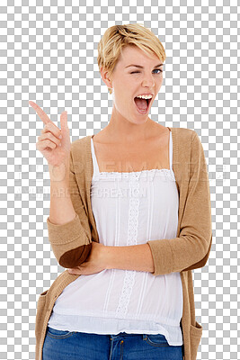 Buy stock photo Portrait, pointing and woman with surprise, smile or promotion isolated on transparent background. Face, girl or model with hand gesture, opportunity or announcement with news, emoji or png with wink