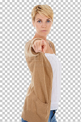 Buy stock photo You, portrait and woman serious, choice and gesture at selection, decision or option on a transparent, png background. Deciding, vote and person pointing with finger emoji for accountability 