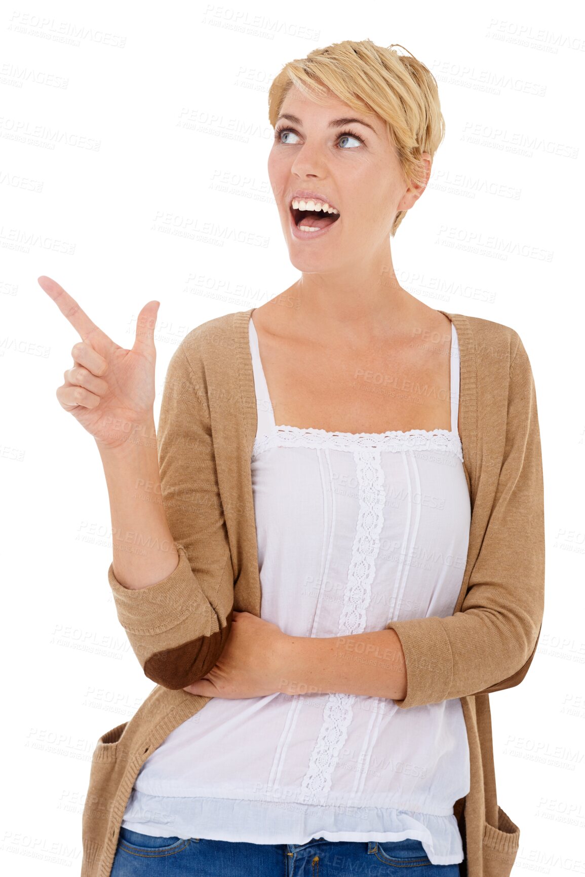 Buy stock photo Excited, pointing or woman with surprise, promotion or opportunity isolated on transparent background. Person, girl or model with hand gesture, shock or announcement with news, choice or png with wow