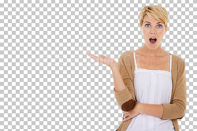 Buy stock photo Portrait, showing and woman with surprise, promotion and opportunity isolated on transparent background. Person, girl or model with hand gesture, shock or announcement with news, sign or png with wow