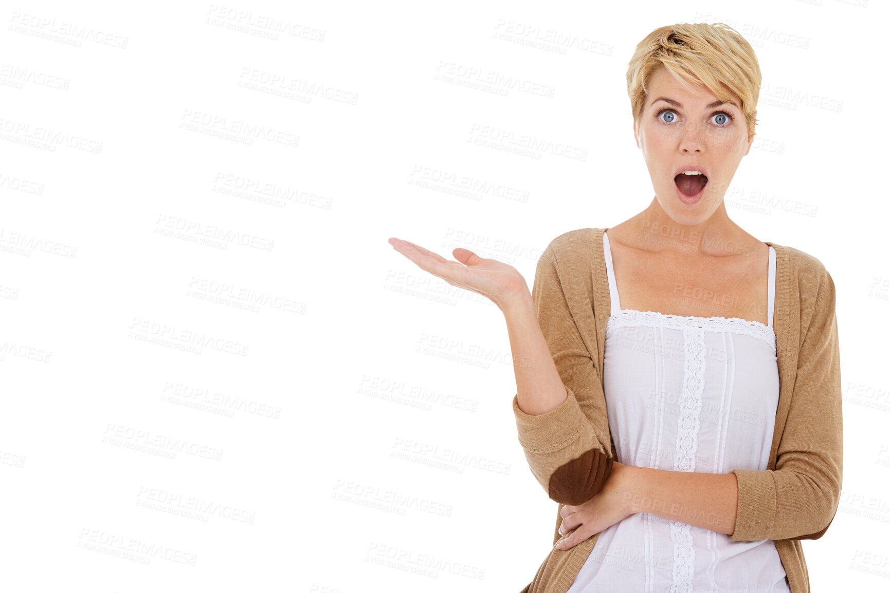 Buy stock photo Portrait, showing and woman with surprise, promotion and opportunity isolated on transparent background. Person, girl or model with hand gesture, shock or announcement with news, sign or png with wow