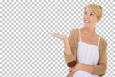 Buy stock photo Happy, hand and woman with advertising, palm and announcement isolated on a transparent background. Person, girl and model with a smile, choice and png with sales, review and feedback with winner