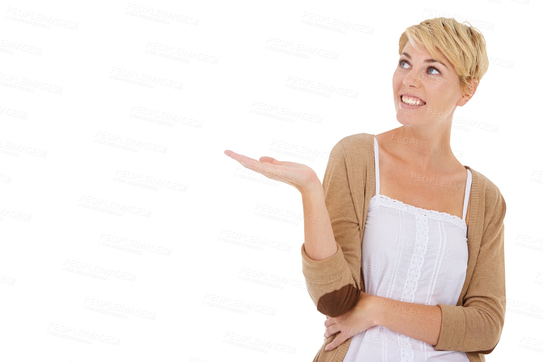 Buy stock photo Happy, hand and woman with advertising, palm and announcement isolated on a transparent background. Person, girl and model with a smile, choice and png with sales, review and feedback with winner