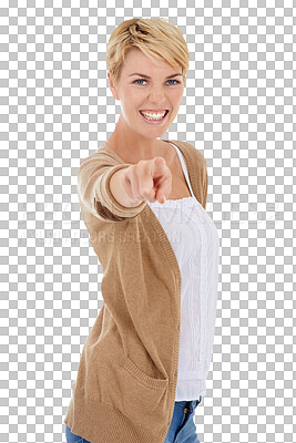 Buy stock photo Portrait, pointing to you and woman with opportunity, promotion and motivation isolated on a transparent background. Person, girl and model with hand gesture, winner and png with support and welcome