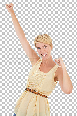 Buy stock photo Woman, winner and fist or yes for success or achievement, celebration with winning competition, sale or giveaway. Portrait of excited person in power, energy and news on a transparent, png background