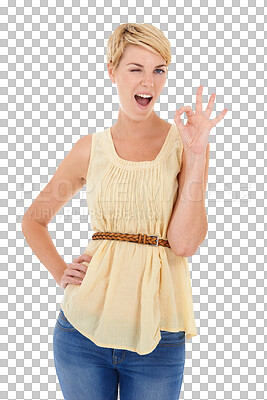 Buy stock photo Happy woman, portrait and OK sign for approval or perfect isolated on a transparent PNG background. Face of female person, blonde or model in fashion with like emoji, okay or yes for thank you