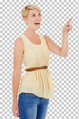 Buy stock photo Opportunity, pointing up and woman with surprise, happy and announcement isolated on transparent background. Person, girl and model with hand gesture, shocked and promotion with news, sign and png