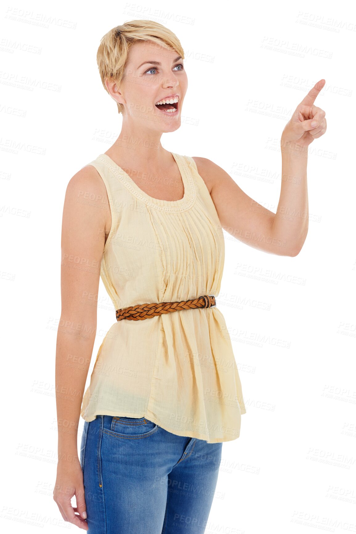 Buy stock photo Opportunity, pointing up and woman with surprise, happy and announcement isolated on transparent background. Person, girl and model with hand gesture, shocked and promotion with news, sign and png