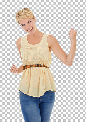 Buy stock photo Woman, winner and fist or yes for celebration of success, achievement or winning competition, sale or giveaway. Excited casual person with power and wow for news on a transparent, png background