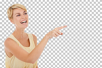 Buy stock photo Promotion, pointing and woman with surprise, happy and emoji isolated on transparent background. Person, choice and model with hand gesture, decision and announcement with news, presentation and png