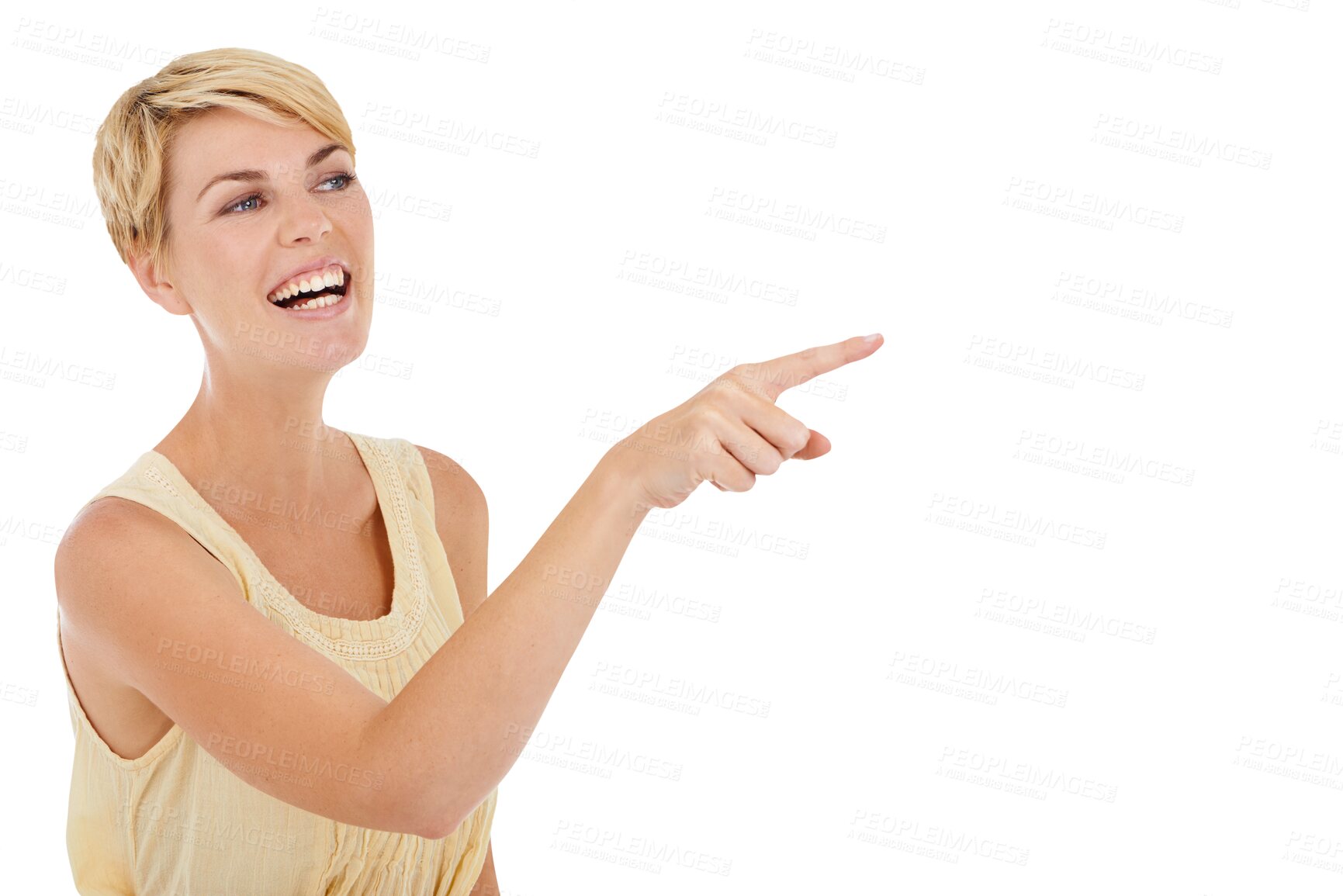 Buy stock photo Promotion, pointing and woman with surprise, happy and emoji isolated on transparent background. Person, choice and model with hand gesture, decision and announcement with news, presentation and png