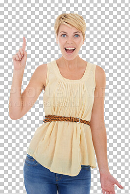 Buy stock photo Portrait, pointing up and woman with surprise, excited and promotion isolated on transparent background. Face, girl and model with hand gesture, opportunity and announcement with news, emoji and png