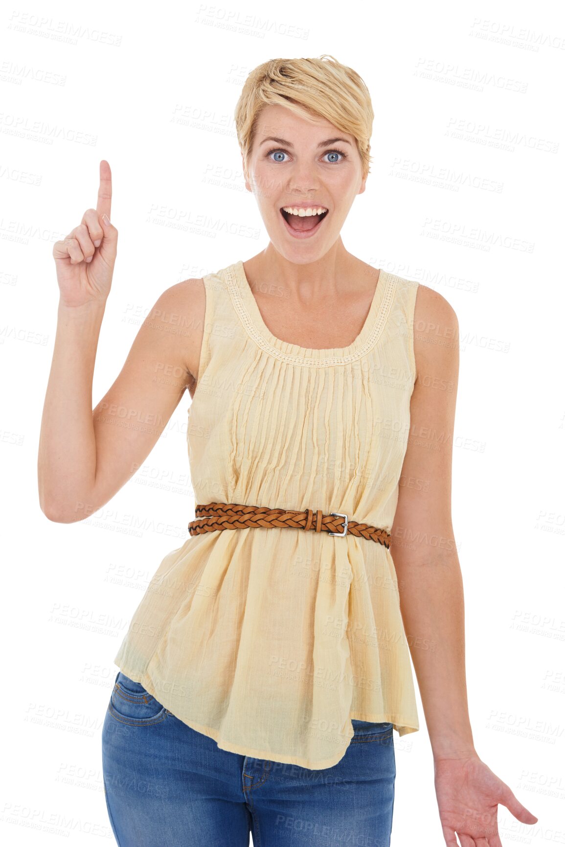 Buy stock photo Portrait, pointing up and woman with surprise, excited and promotion isolated on transparent background. Face, girl and model with hand gesture, opportunity and announcement with news, emoji and png