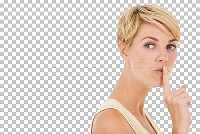 Buy stock photo Finger on the lips, woman and secret with emoji, whisper or gossip isolated on a transparent background. Person, girl or model with hand gesture, icon and symbol for silence, png or confidential info