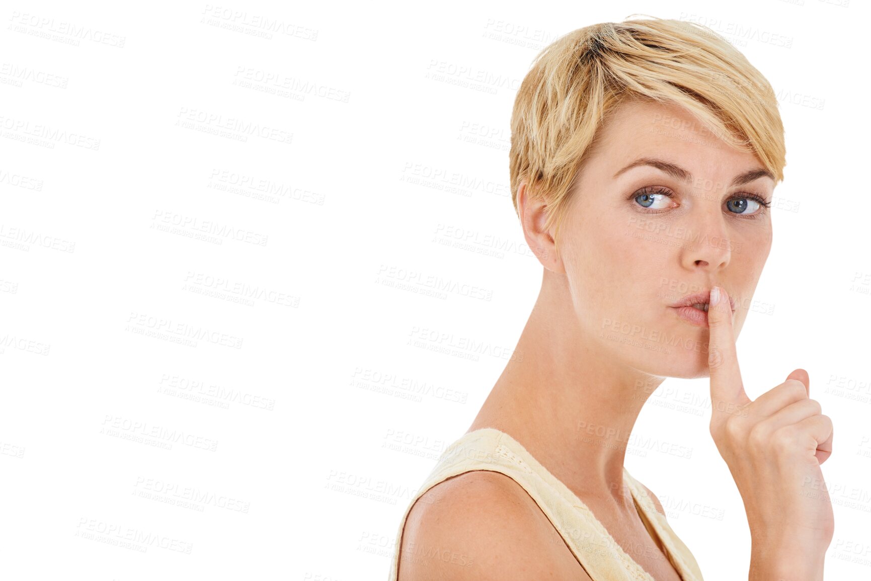 Buy stock photo Finger on the lips, woman and secret with emoji, whisper or gossip isolated on a transparent background. Person, girl or model with hand gesture, icon and symbol for silence, png or confidential info