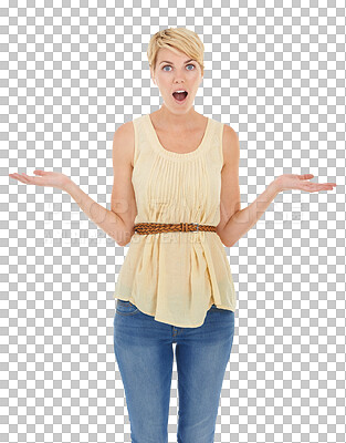 Buy stock photo Wow, surprise and portrait of woman with shrug hands on isolated, transparent or png background. Omg, face or lady model with palm, scale or balance shocked by deal comparison, quote or service offer