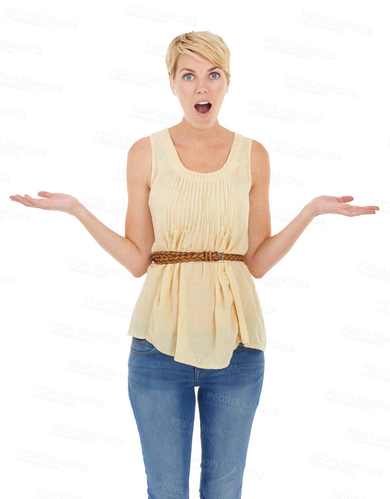 Buy stock photo Wow, surprise and portrait of woman with shrug hands on isolated, transparent or png background. Omg, face or lady model with palm, scale or balance shocked by deal comparison, quote or service offer